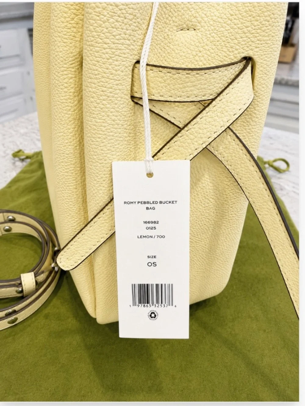 NWT Tory Burch Romy Pebbled Leather Bucket Bag Lemon Crossbody Dust Bag